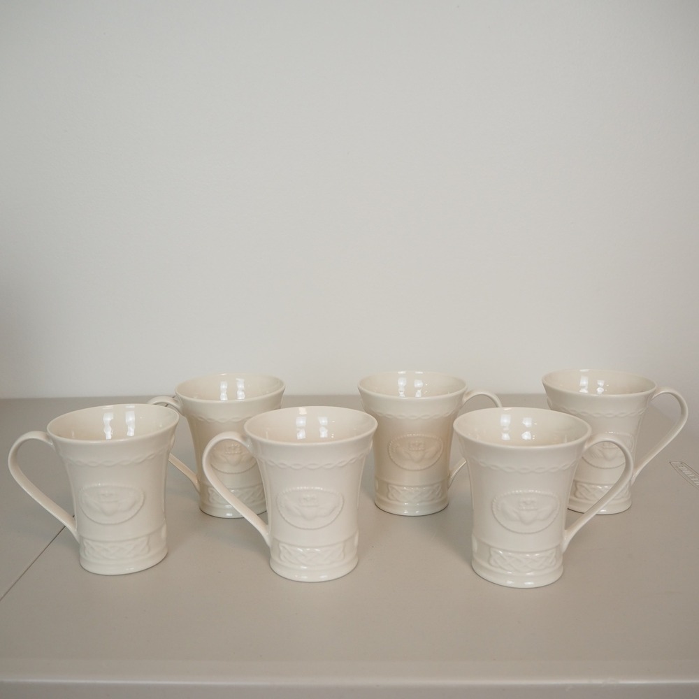 Belleek CLADDAGH Set of 6 Mugs Made in Ireland Ivory Porcelain China Heart Irish